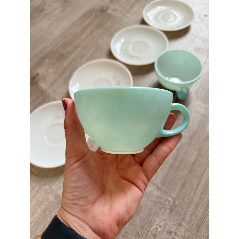 Vintage Pyrex Family Flair Aqua Cups‎ and Pine Needle Saucers Set of 6 - Picture 4 of 9